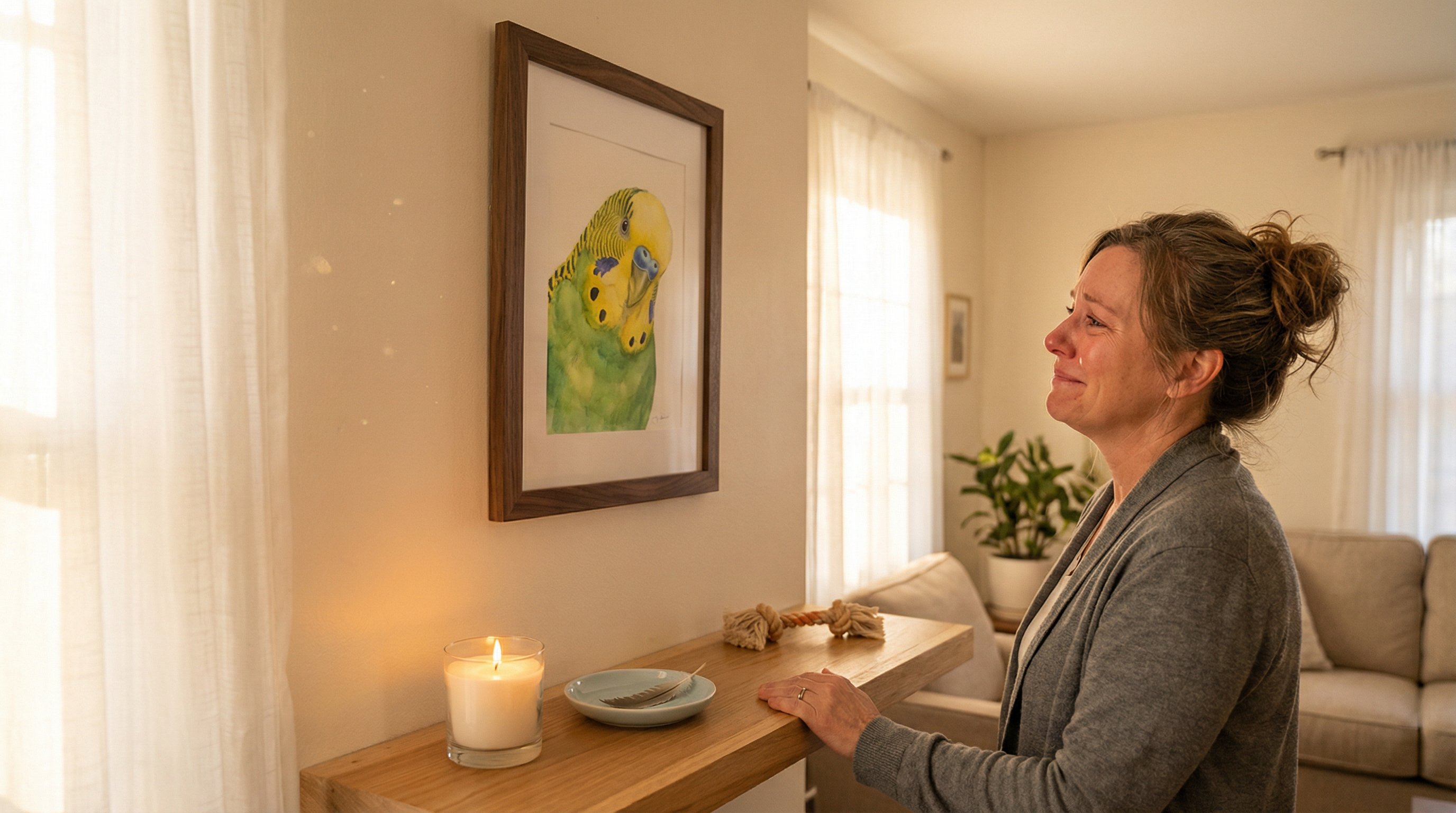 Woman gazing at a framed bird memorial portrait in a sunlit living room.