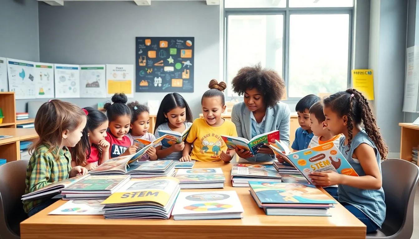 diverse children reading STEM books in a modern classroom setting.