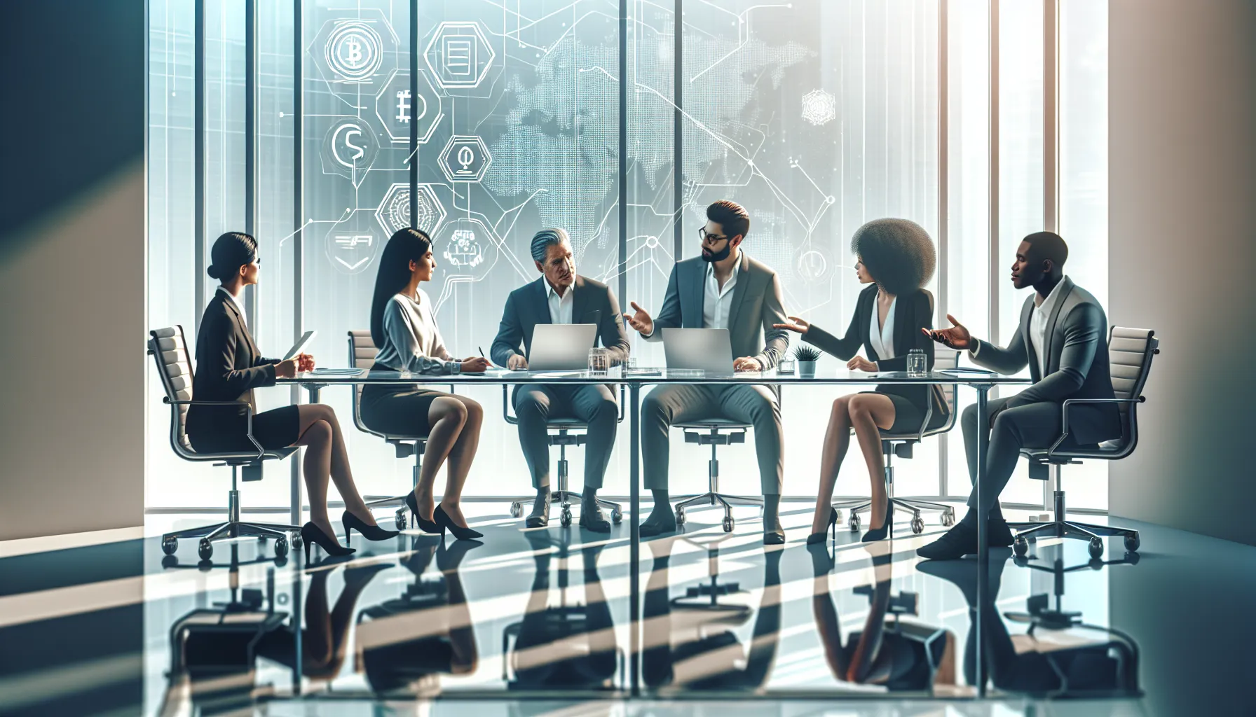 diverse team discussing fintech solutions in a modern office.