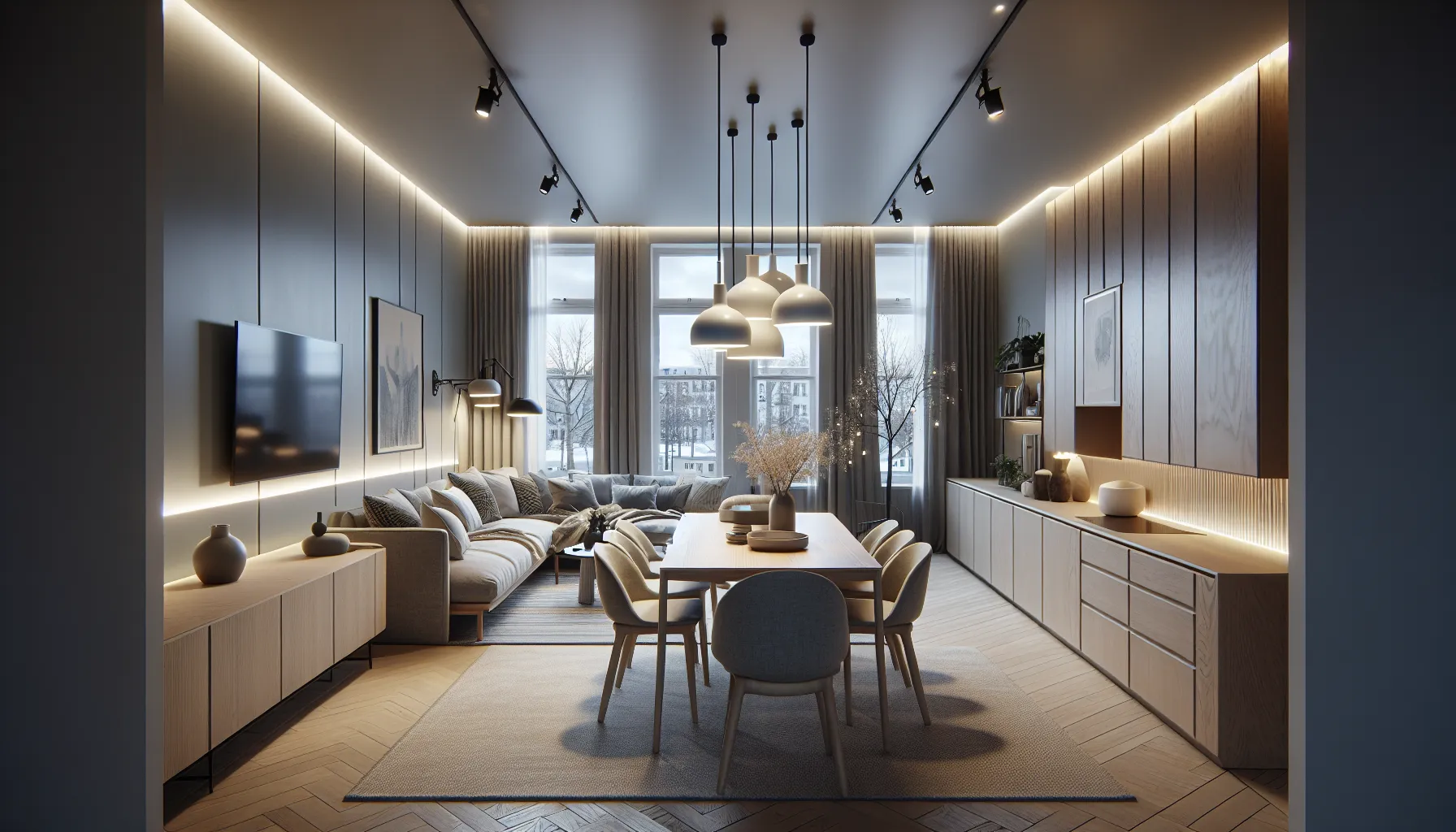 Slik kan moderne belysning forbedre hjemmet ditt 3 Modern norwegian living-dining room with layered functional, ambient, and decorative lighting.