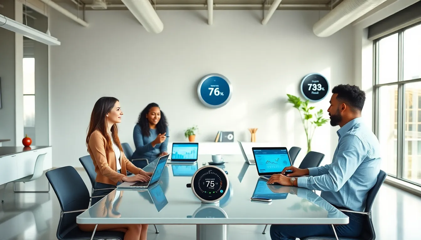 diverse team collaborating on IoT application development in a modern office.