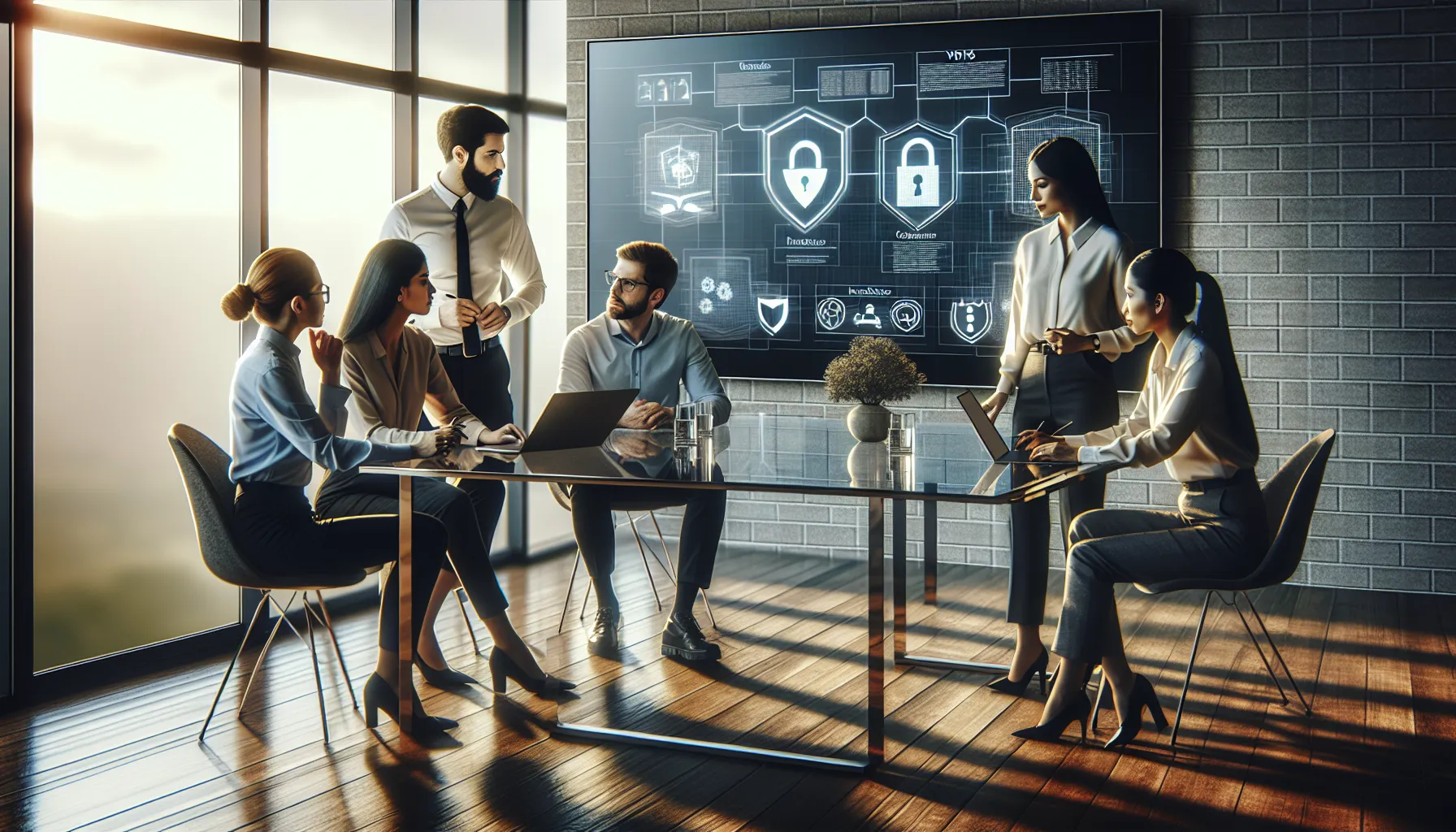 IT professionals discussing cybersecurity measures in a modern office.
