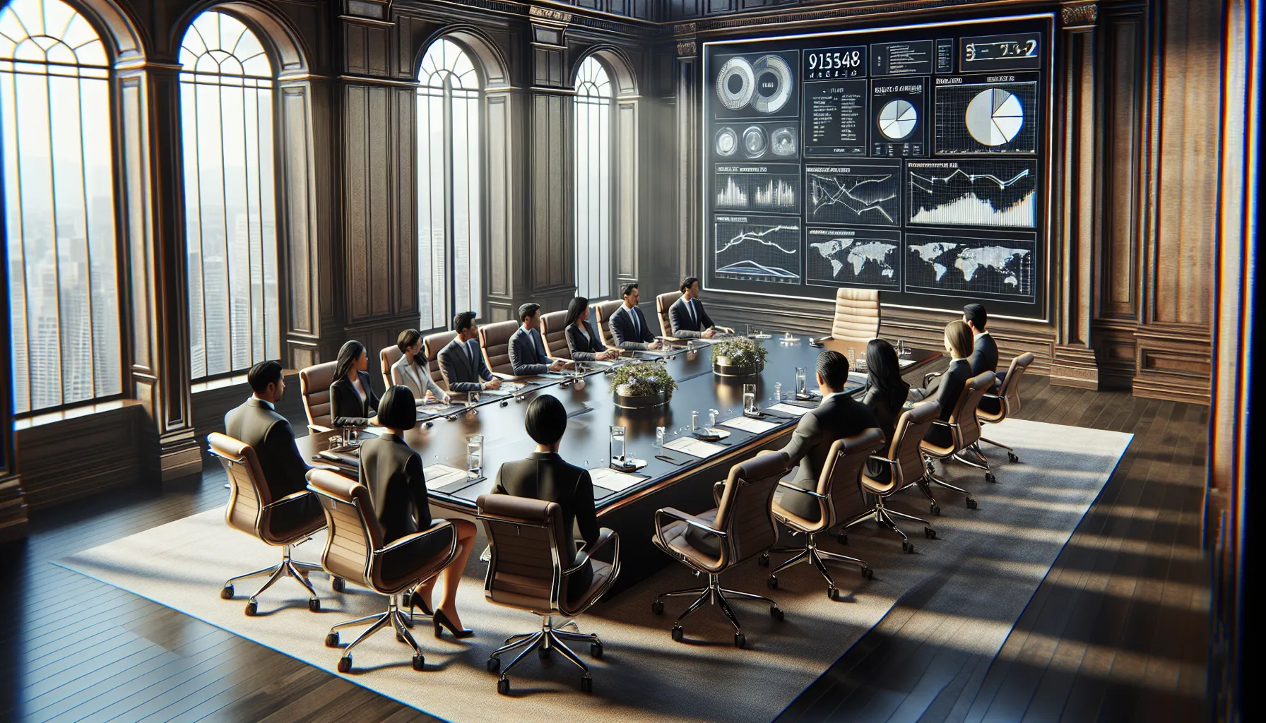 diverse professionals discussing data security in a modern conference room.