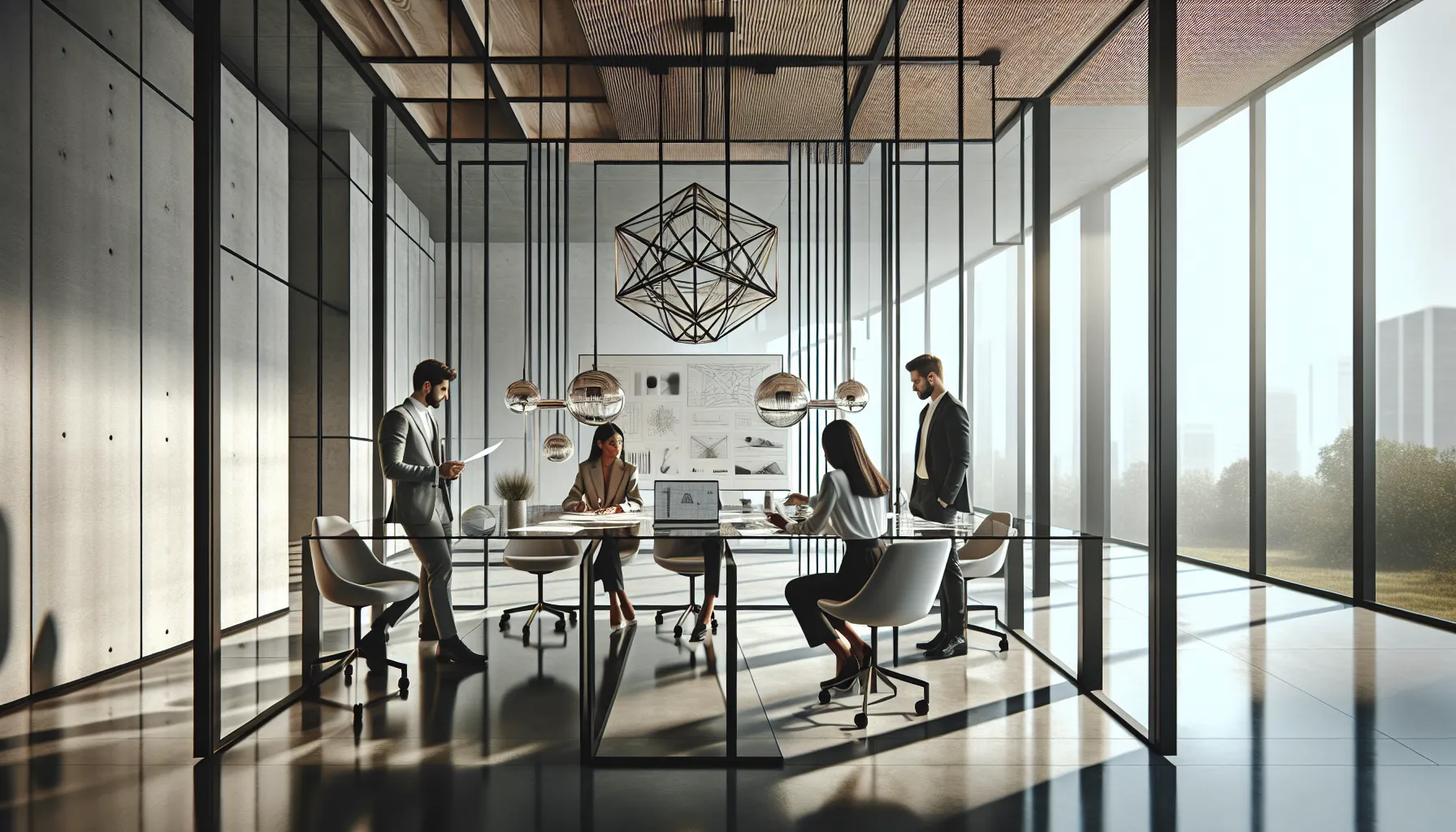 modern workspace featuring a 16.55x40 design object and diverse professionals.