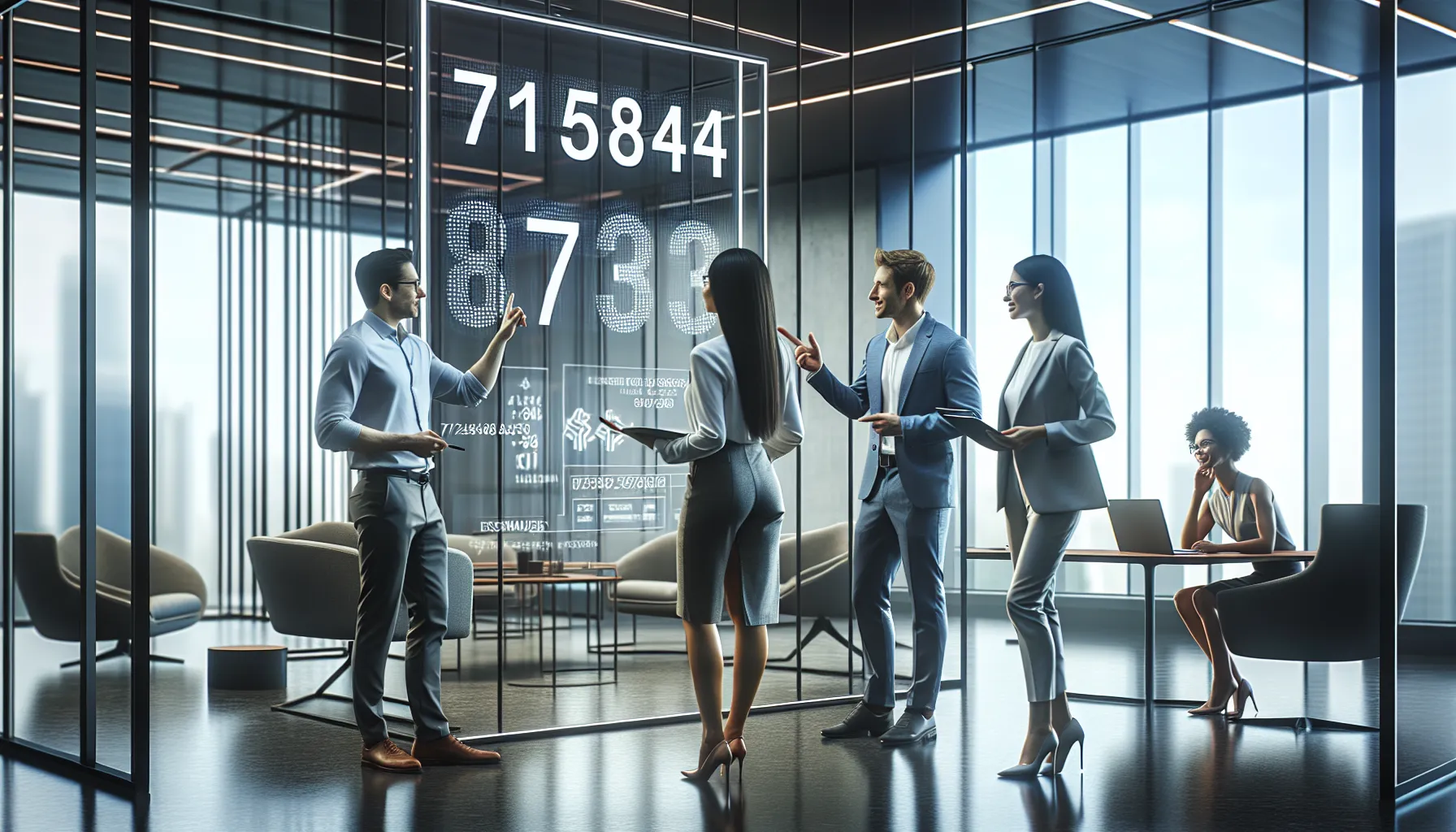 diverse professionals discussing number applications in a modern office.