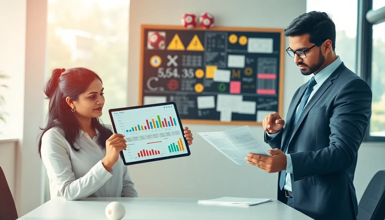 diverse professionals analyzing Keralallottarygussing data in a modern office.