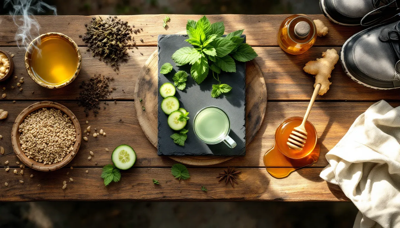 Ayurvedic remedies for three doshas arranged on a rustic wooden table in morning light.