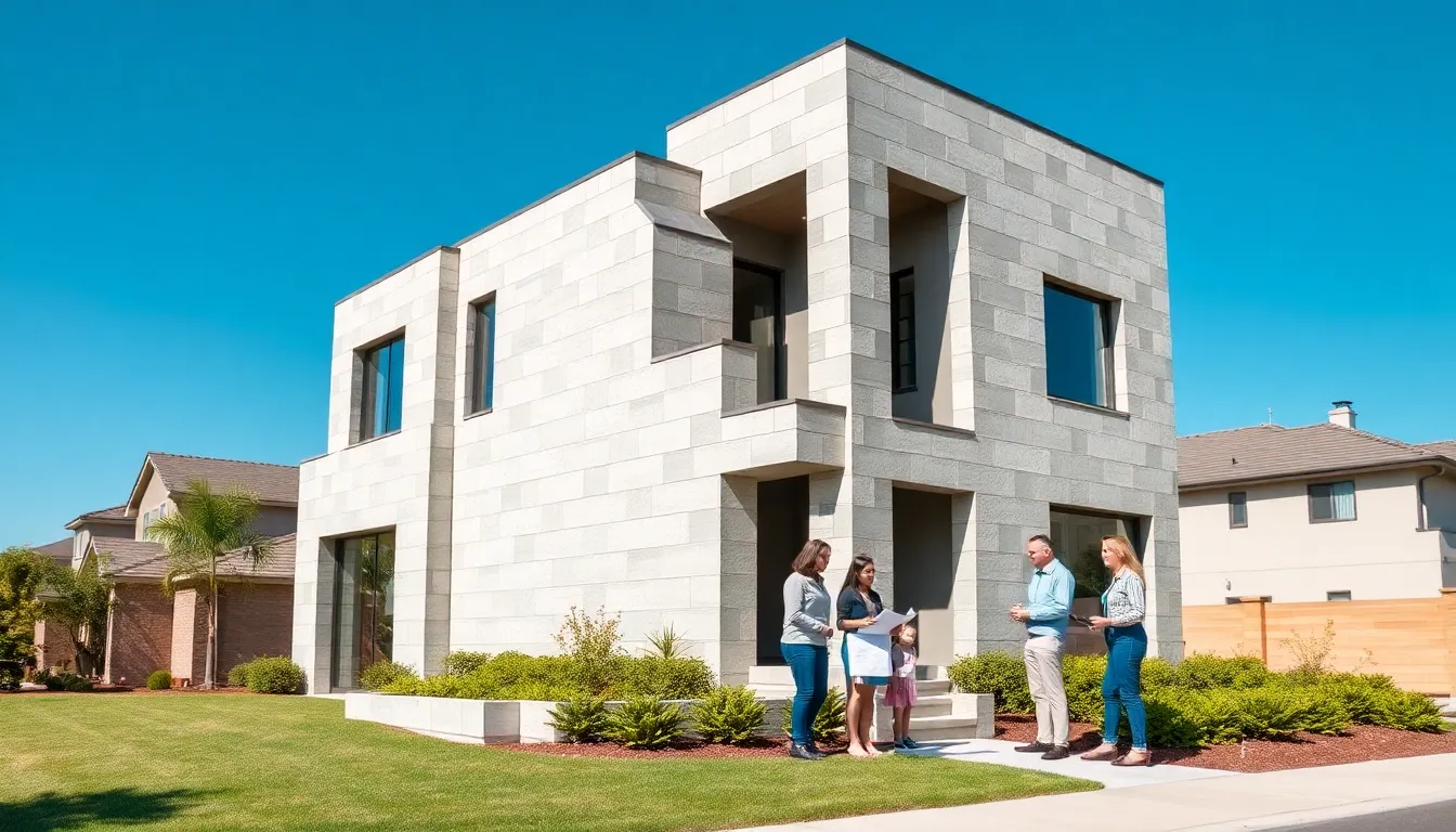 modern concrete block home with homeowners discussing design.