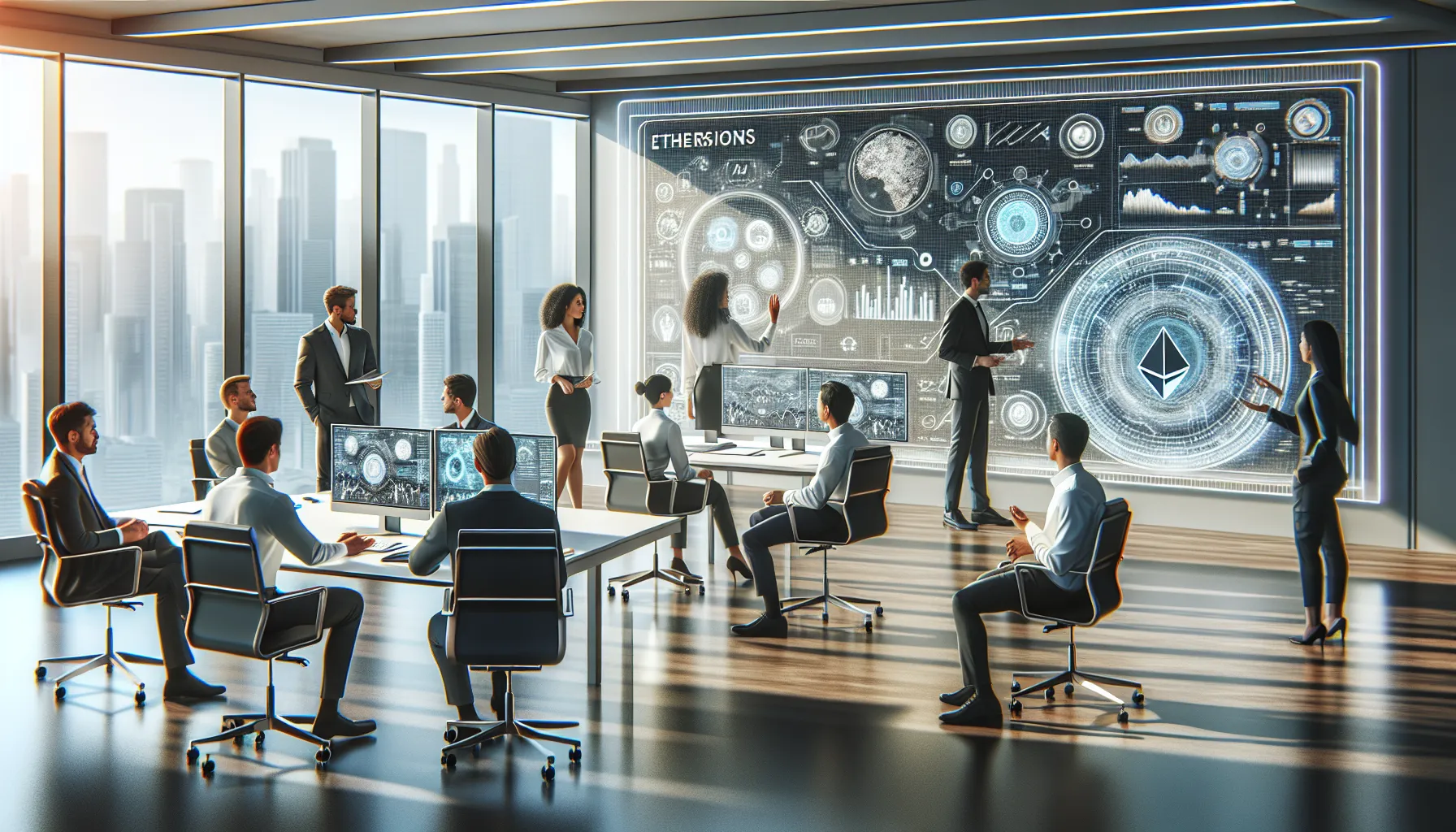 diverse team discussing Etherions and Faston technology in a modern office.