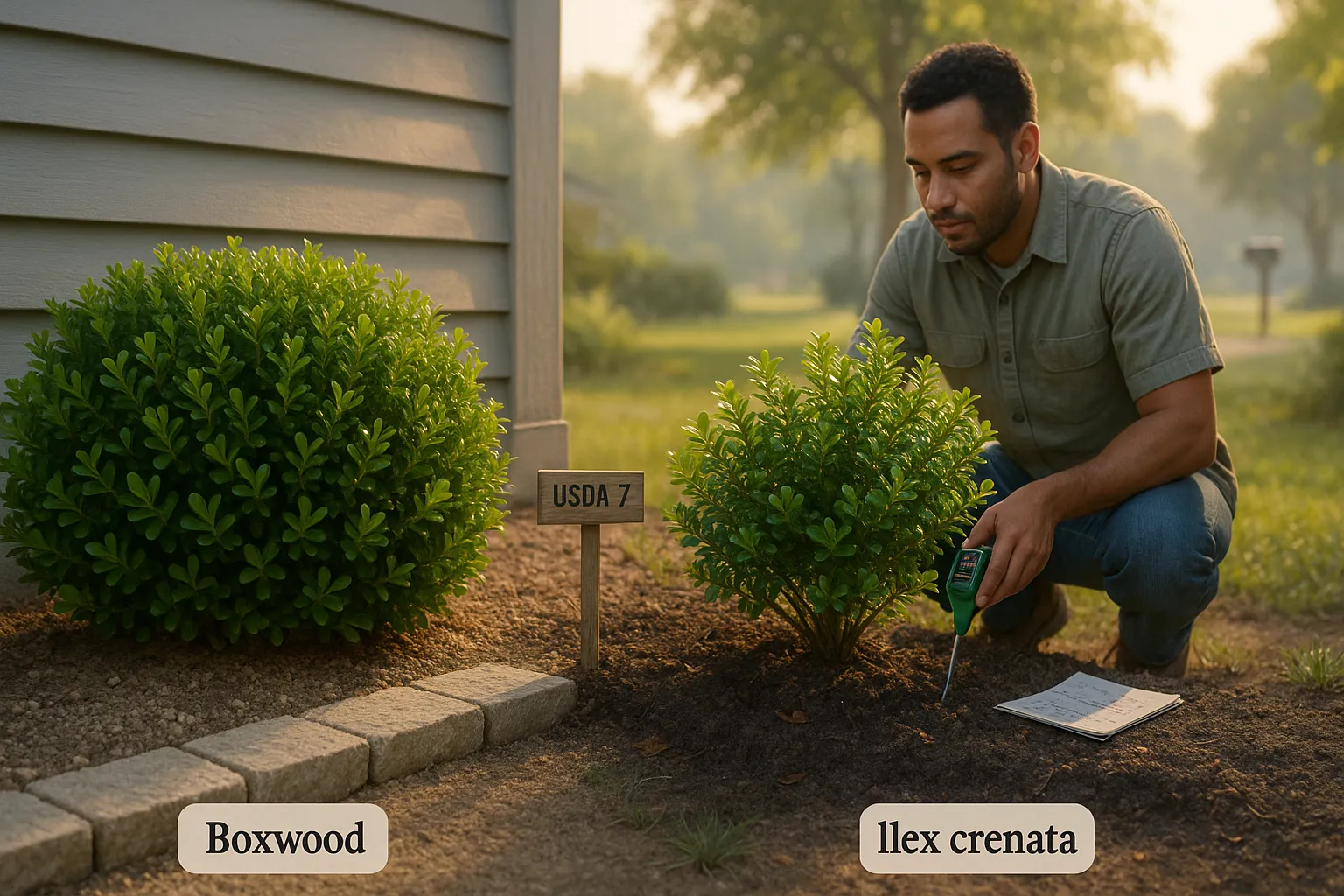 Boxwood and Ilex crenata planted side-by-side showing different soils and light.
