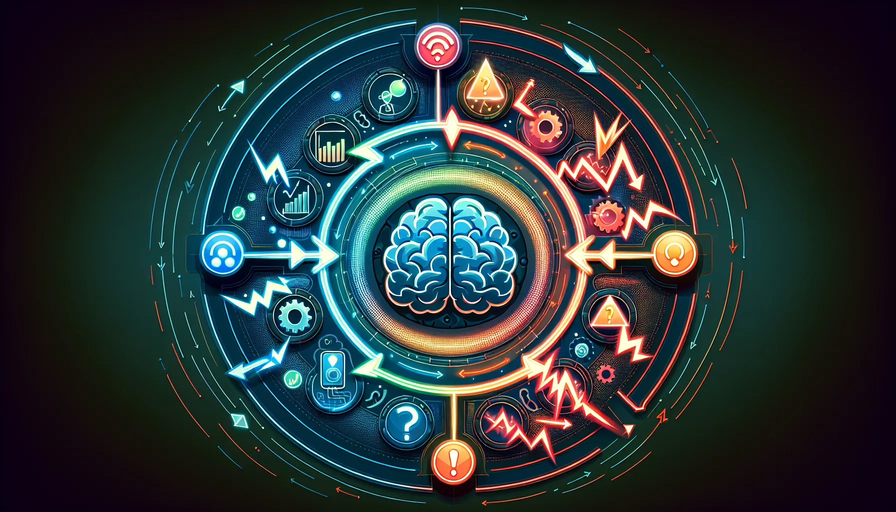 Circular diagram showing the psychological FOMO cycle in cryptocurrency trading with emotional and rational brain elements.