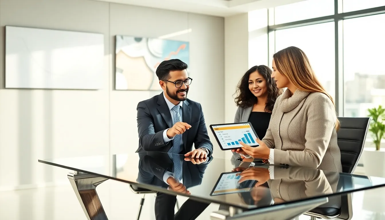 financial advisor discussing credit limits with a couple in a modern office.