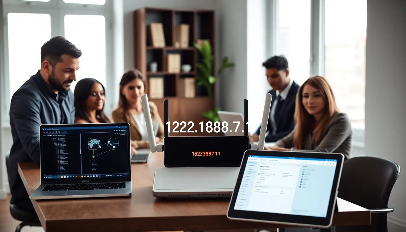 modern home office with a router and professionals discussing network connections.
