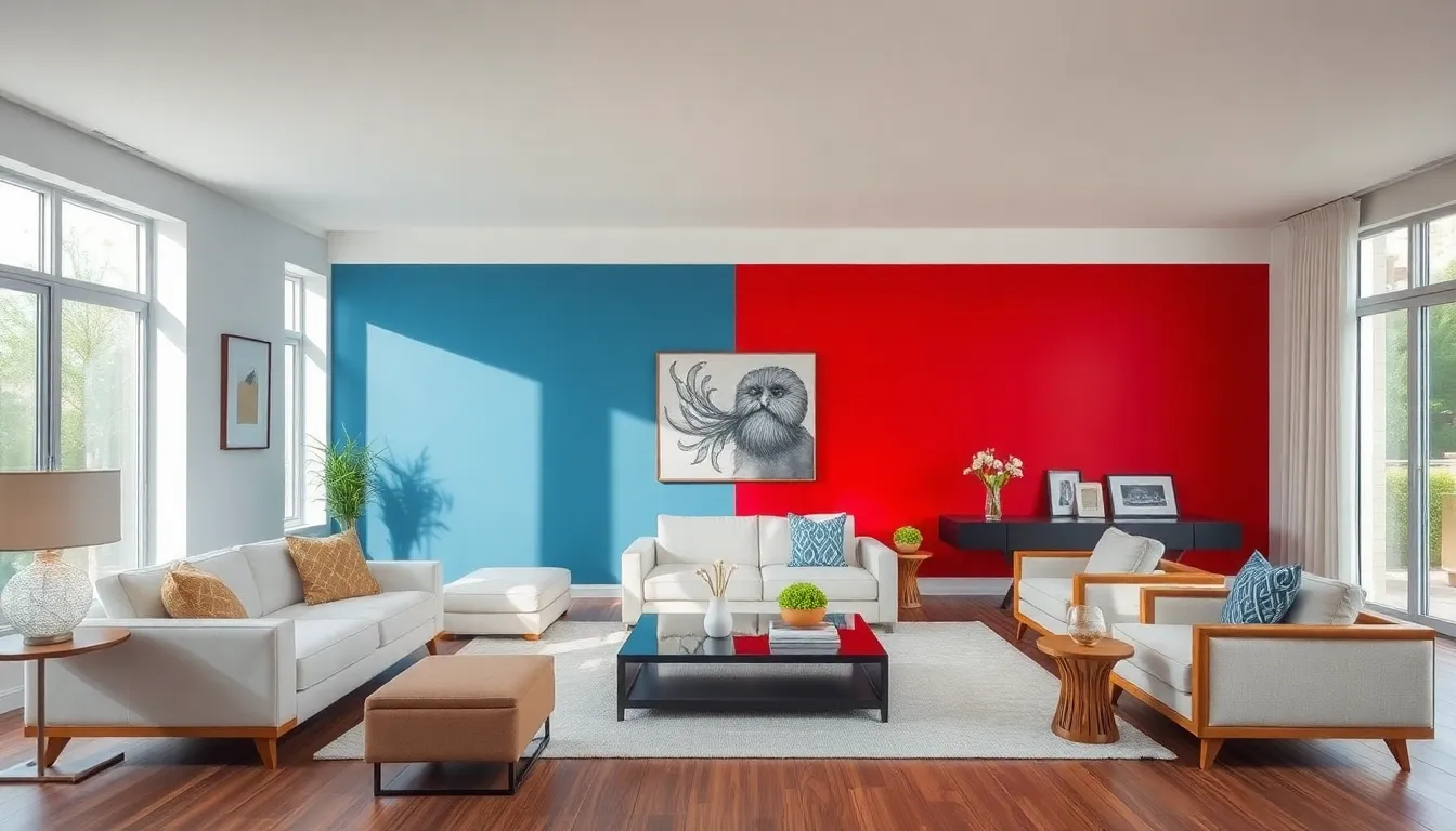 modern living room illustrating color psychology with blue and red accents.