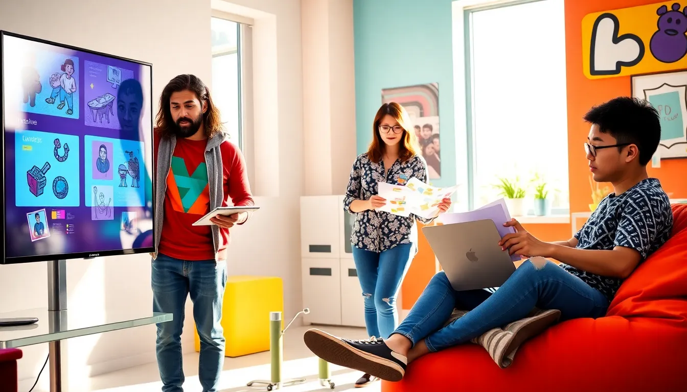 A group of diverse people collaborating in a modern creative workspace.