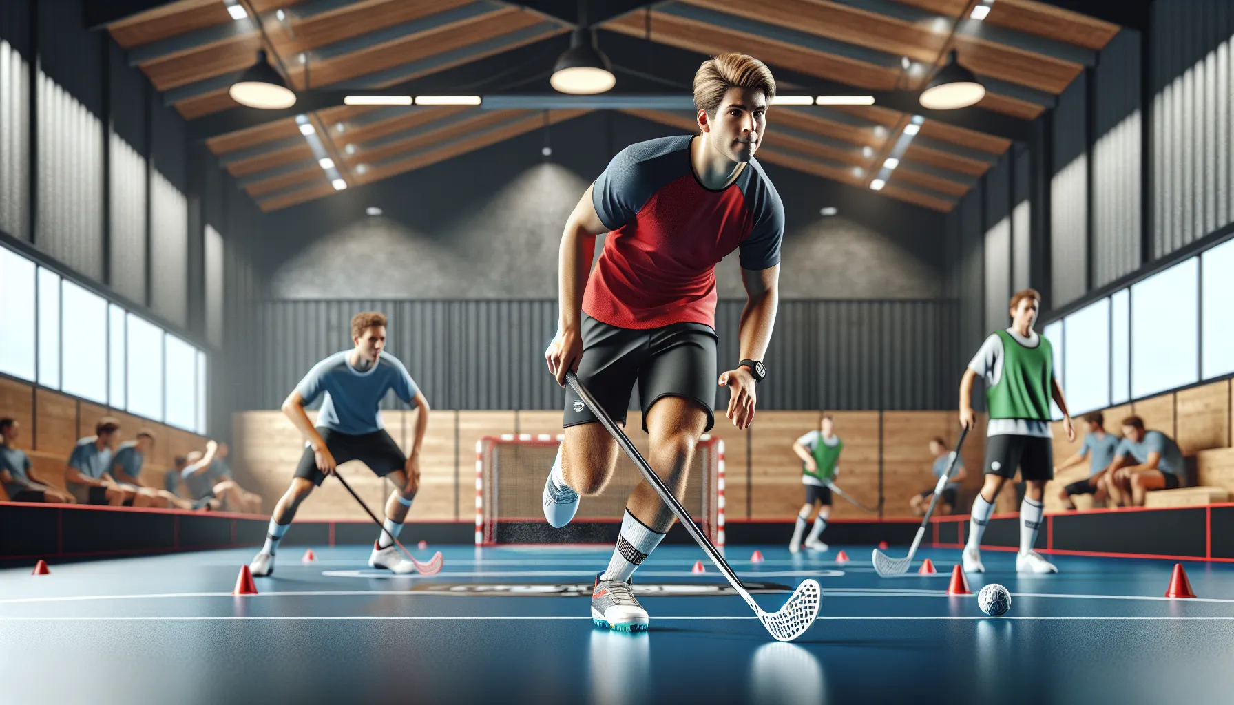 Young floorball players train sprinting, duels, and ball control in a norwegian sports hall.