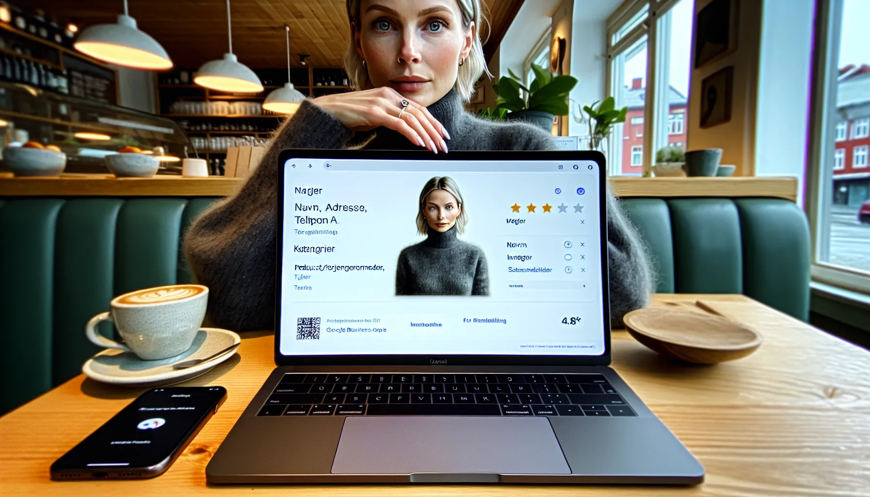 Norwegian café owner updating google business profile with nap, hours, and reviews.