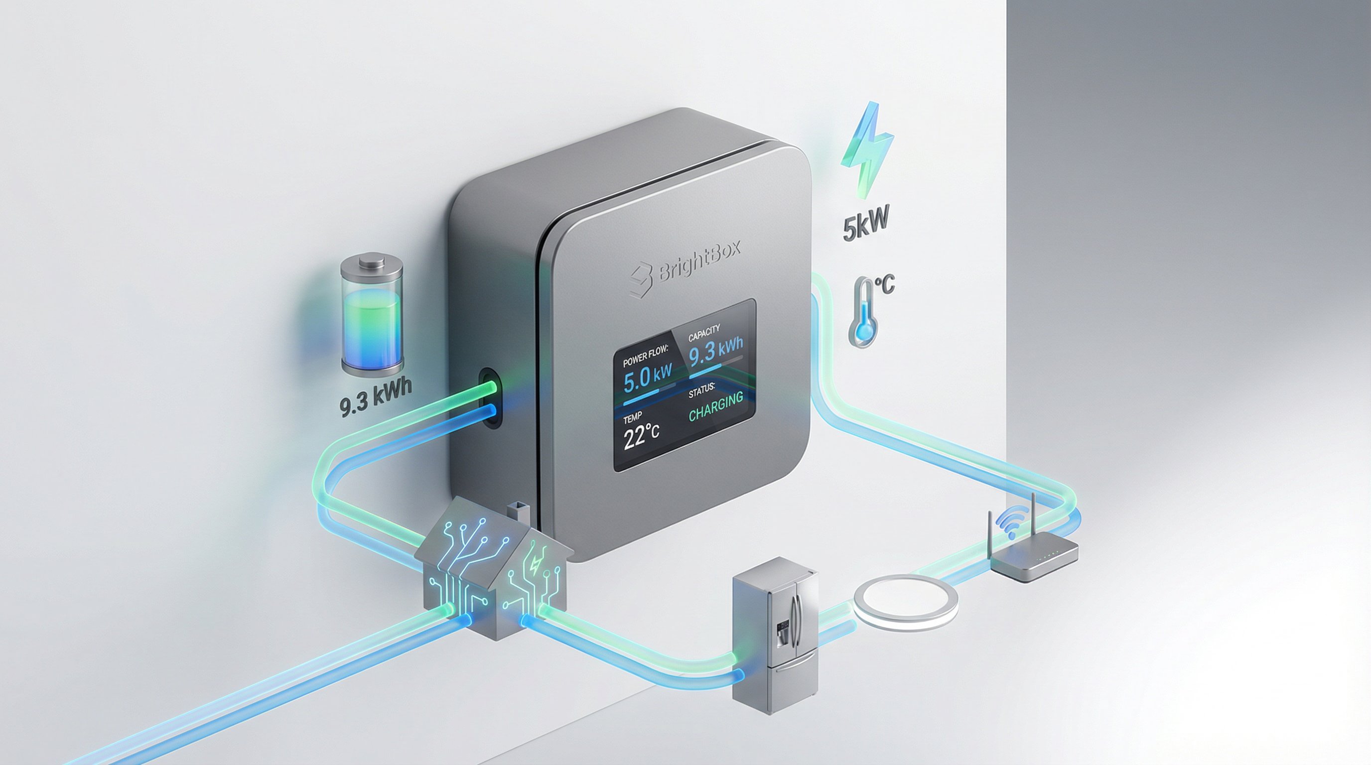 3D render of BrightBox solar battery storage unit with power flow visualization elements
