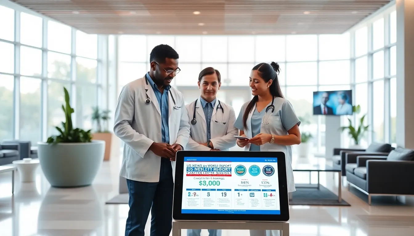 healthcare professionals discussing cancer center rankings in a modern hospital.