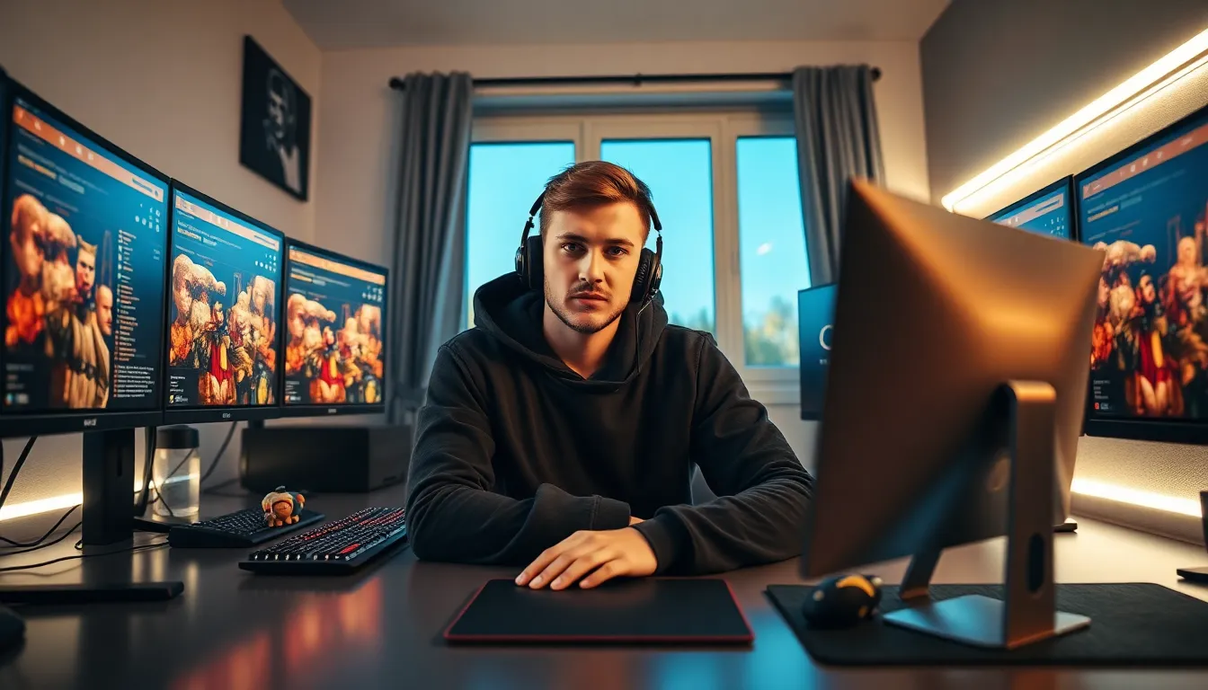 A young man using Ck2generator software in a cozy gaming room.