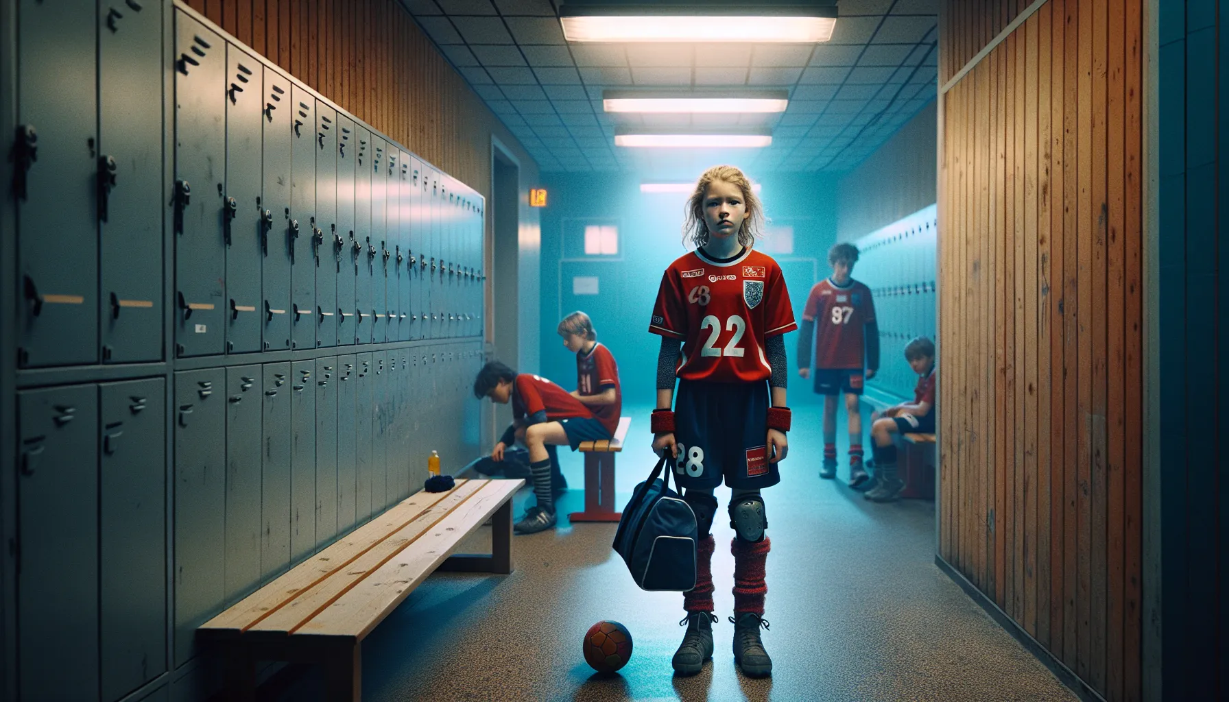 Anxious young athlete hesitates at a norwegian locker room as peers whisper.