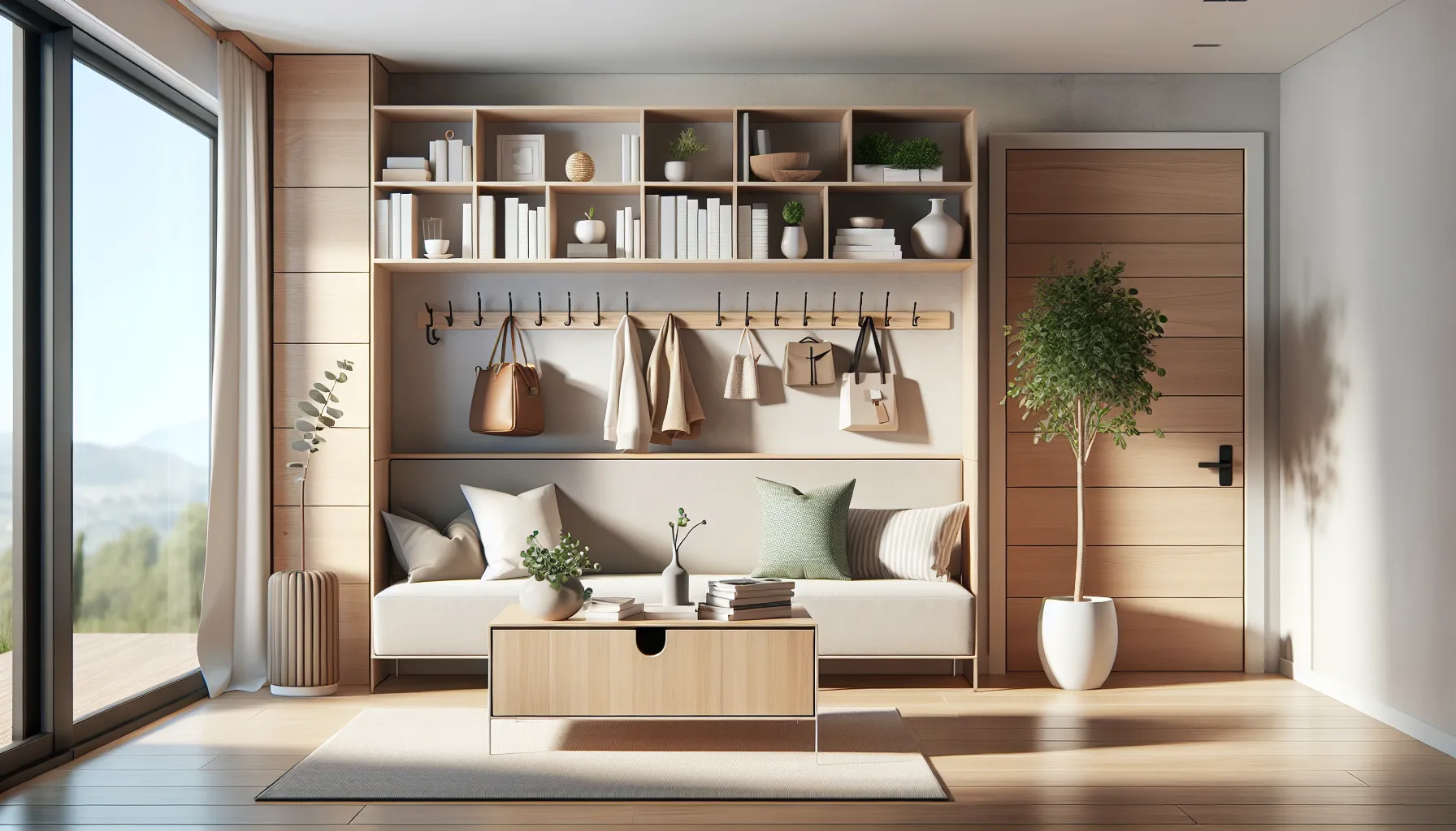 well-organized living space with multifunctional furniture and storage solutions.