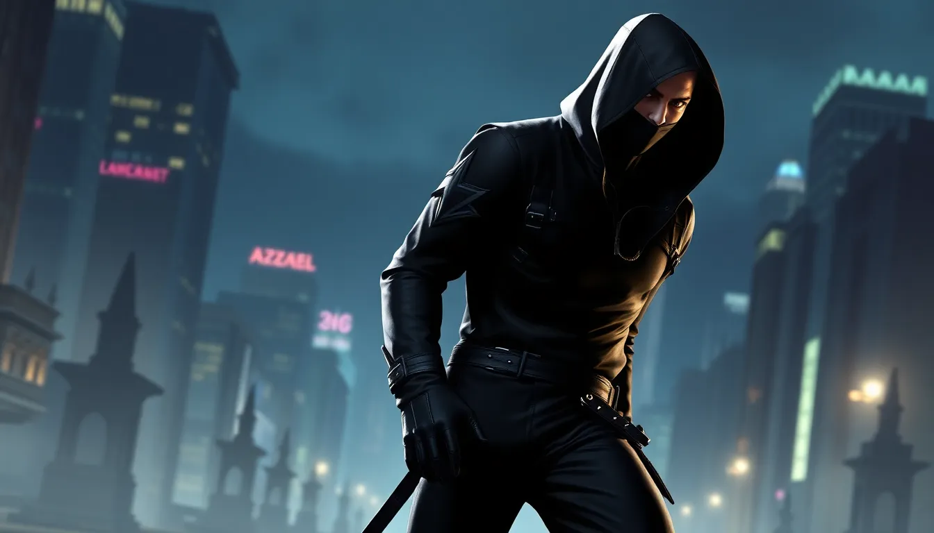 Raven from Tekken standing confidently in an urban nighttime setting.