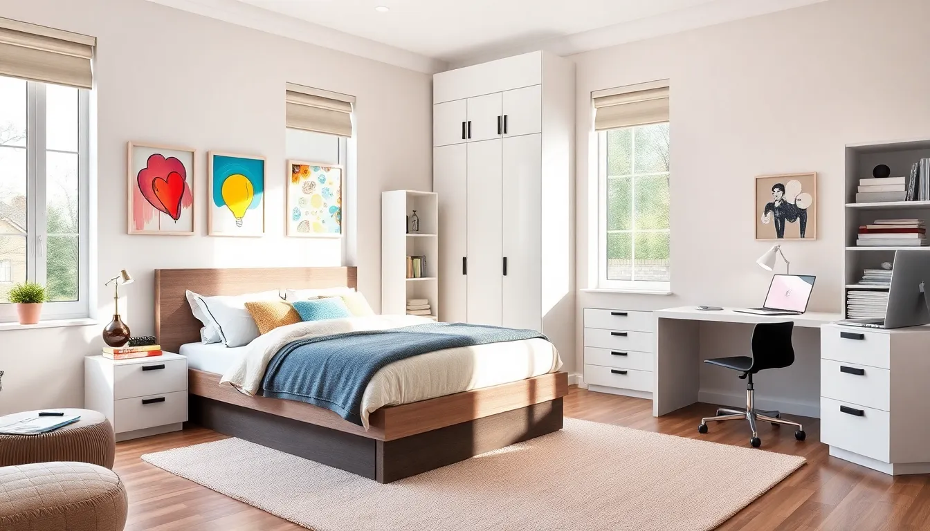 modern teenage bedroom with stylish bed and study area.