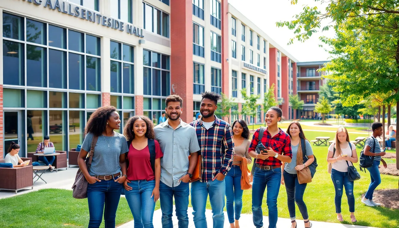 diverse students interacting in front of modern residence halls at Jackson State University.