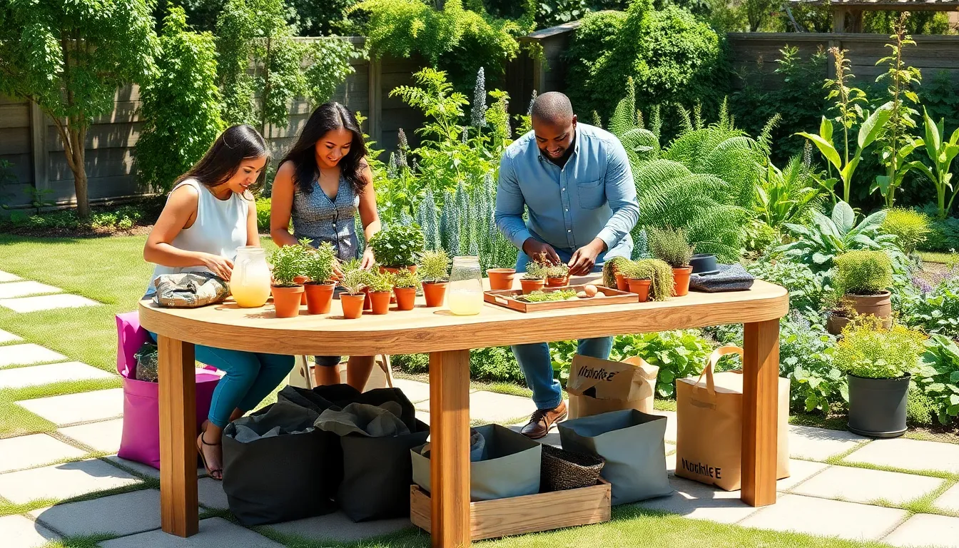 diverse group using a sleek outdoor gardening table in a sunny backyard.