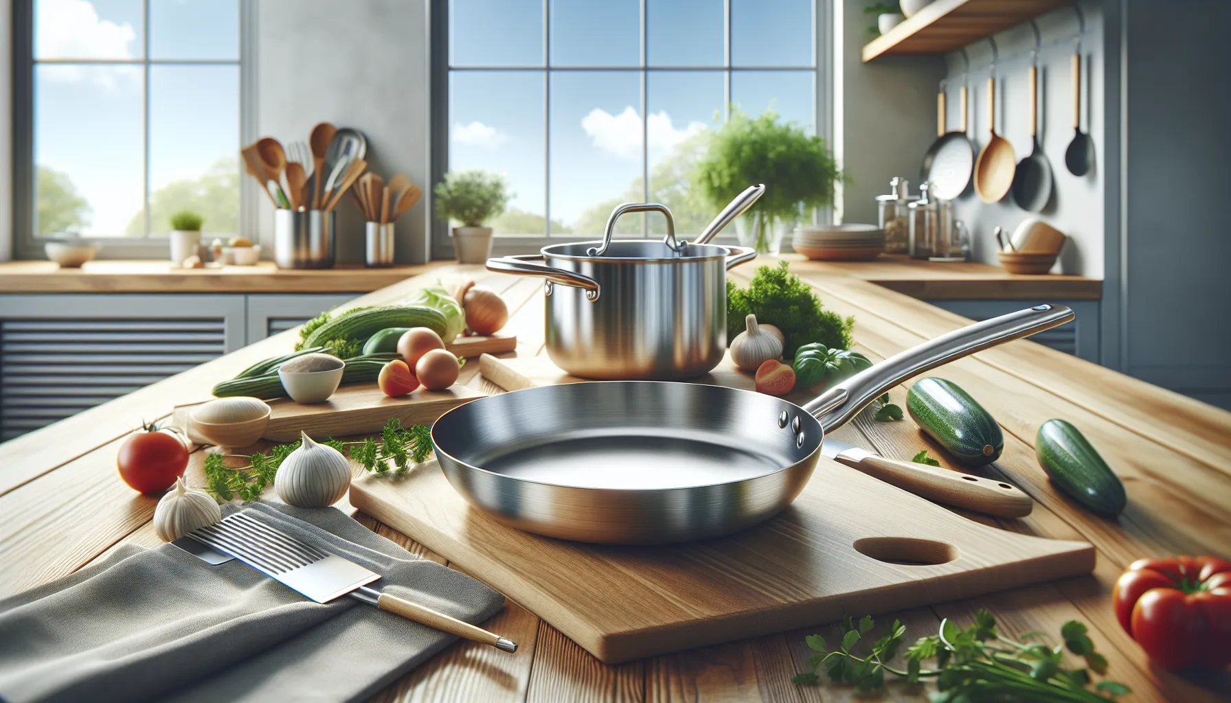 A kitchen scene with aluminum and stainless steel utensils on a countertop.