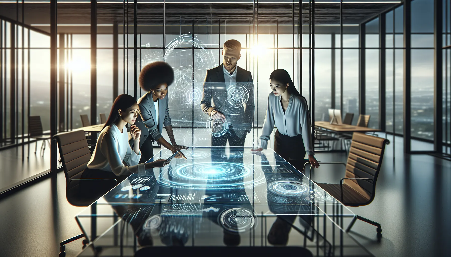 diverse professionals collaborating with futuristic technology in a modern office.