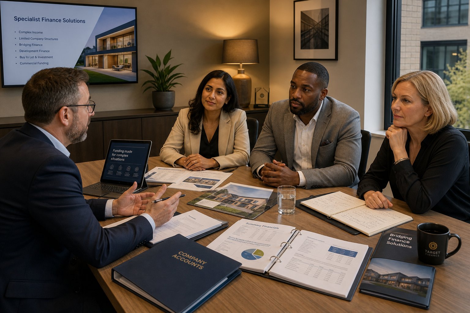 Finance specialist meeting with business clients to discuss a complex property loan case.