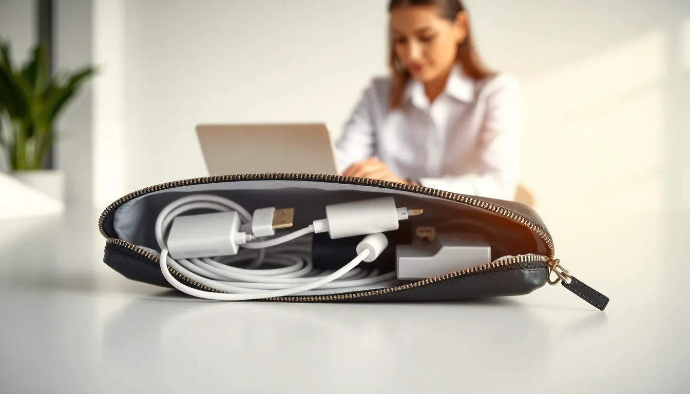 a stylish gadget pouch filled with electronic accessories on a desk.