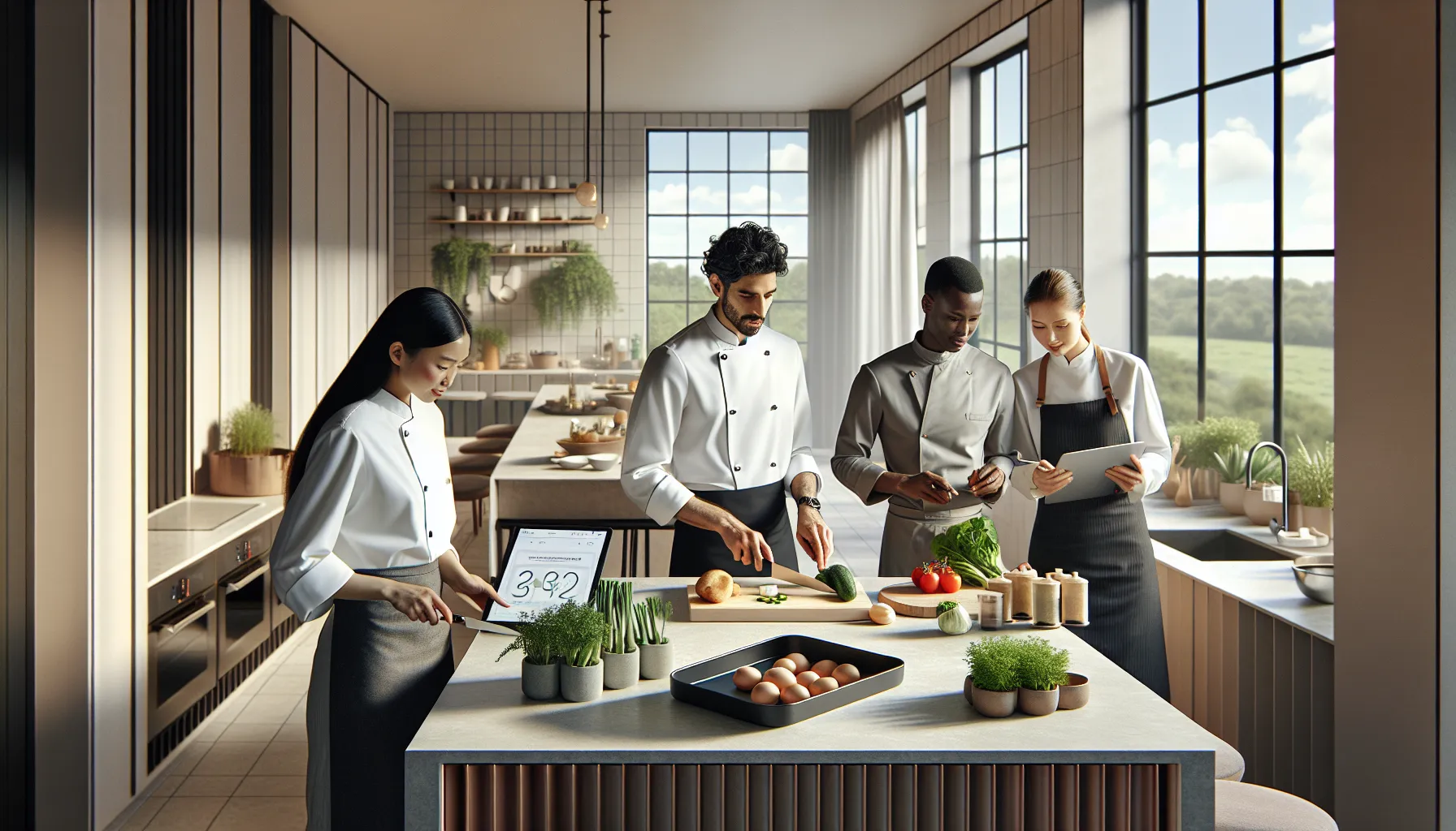 diverse team collaborating in a modern kitchen focused on sustainability.