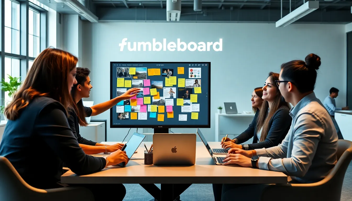 professionals collaborating on a digital workspace in a modern office.