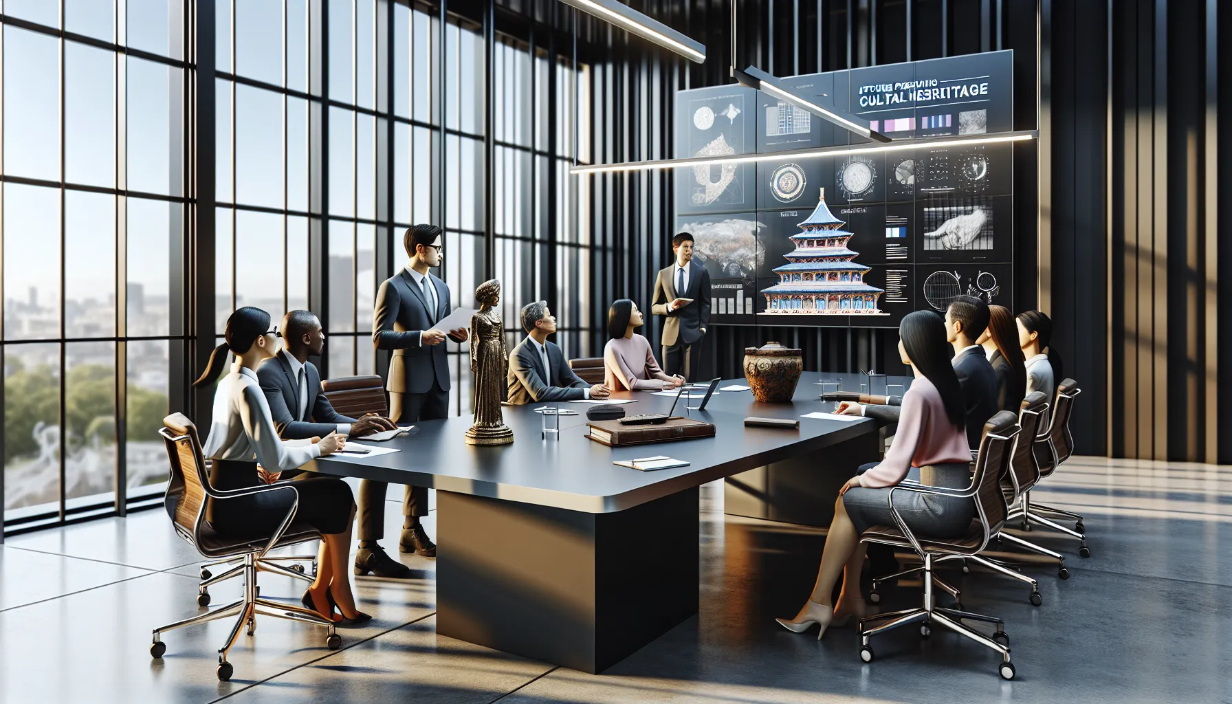 diverse team discussing Сгыевум in a modern office.