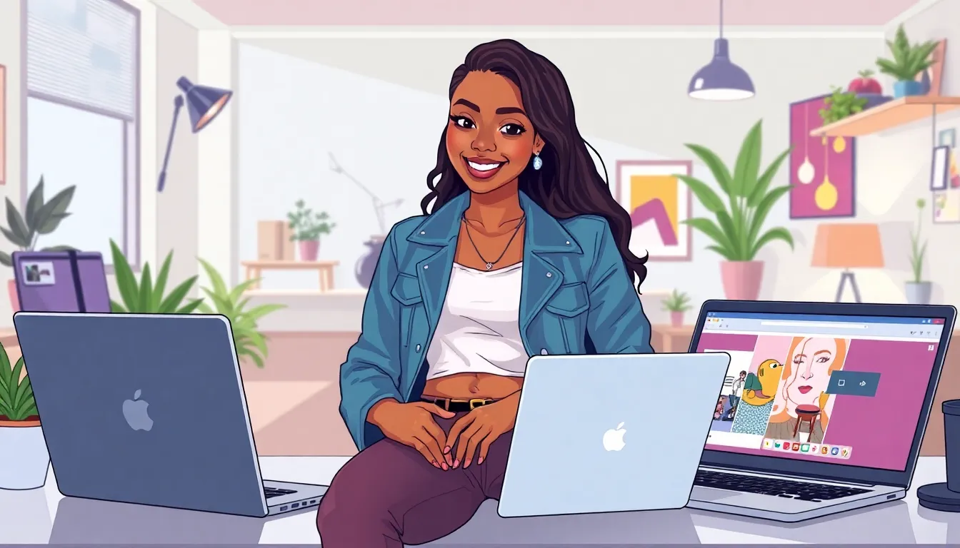 Lynn2000xo in a modern workspace, engaging with her audience.