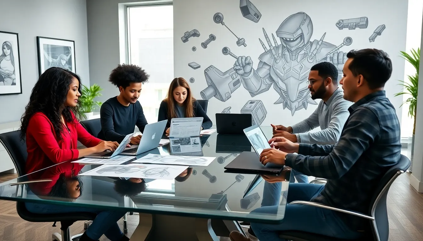 diverse team collaborating on game design in a modern office.