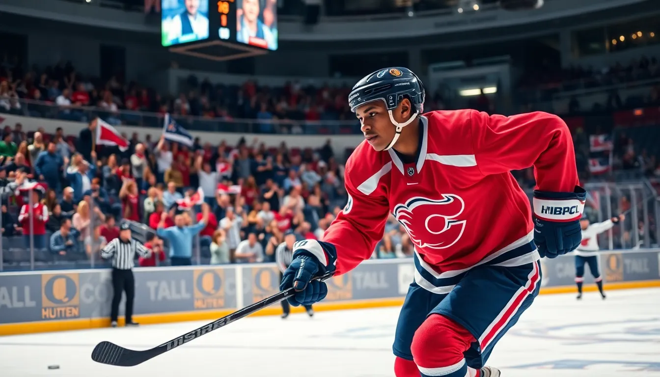 action-packed hockey game with diverse players and cheering crowd.