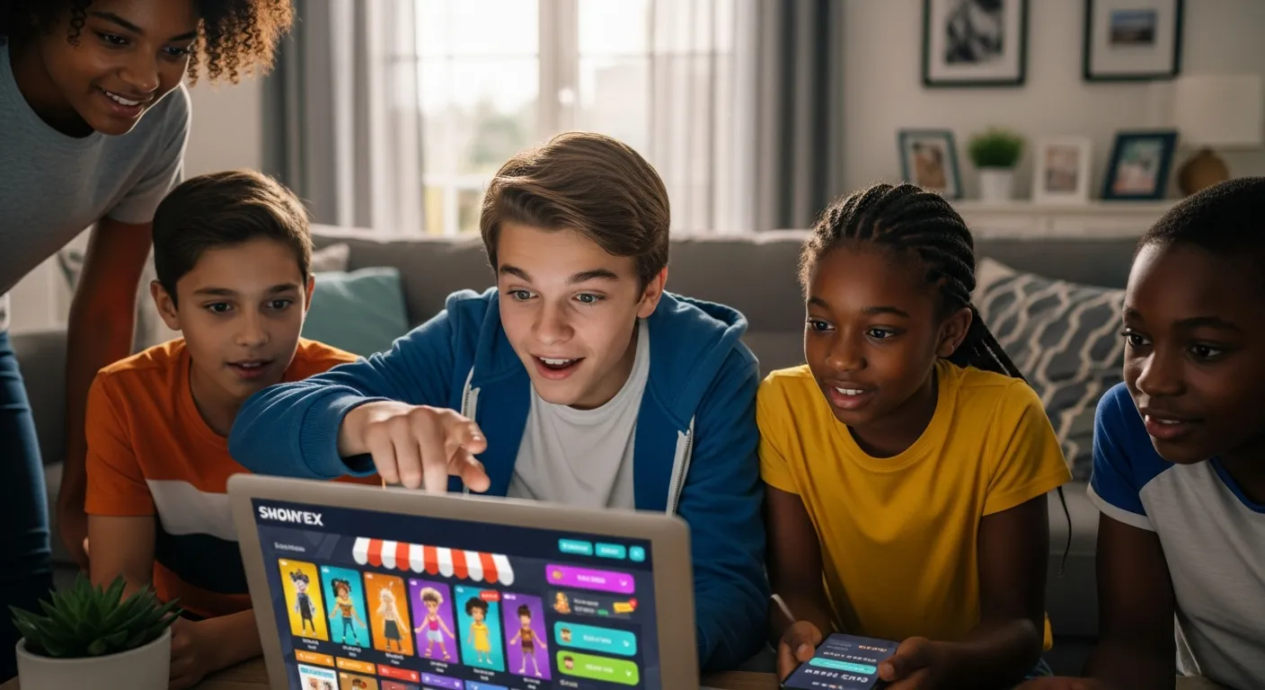 Teenagers gathered around a laptop engaging with an online gaming platform at home.