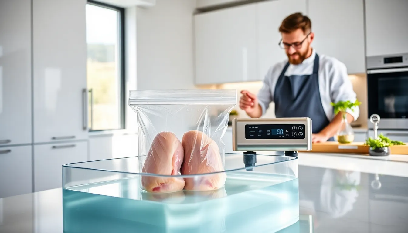 chef using a sous vide setup in a modern kitchen.