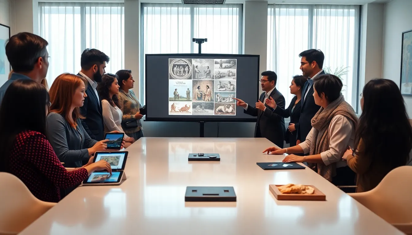 diverse team discussing cultural significance in a modern office.