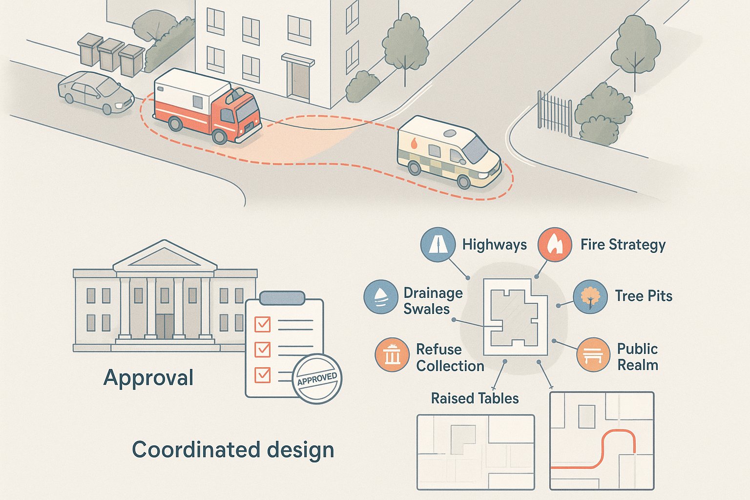 Infographic showing safe emergency vehicle access, design coordination, and planning approval.