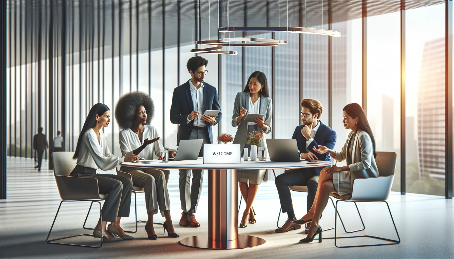 Professionals networking in a modern office setting.