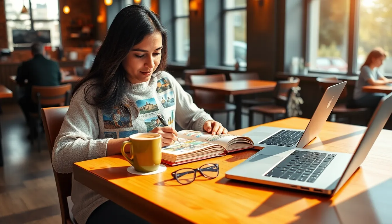 woman writing in a travel journal at a cozy cafe table.