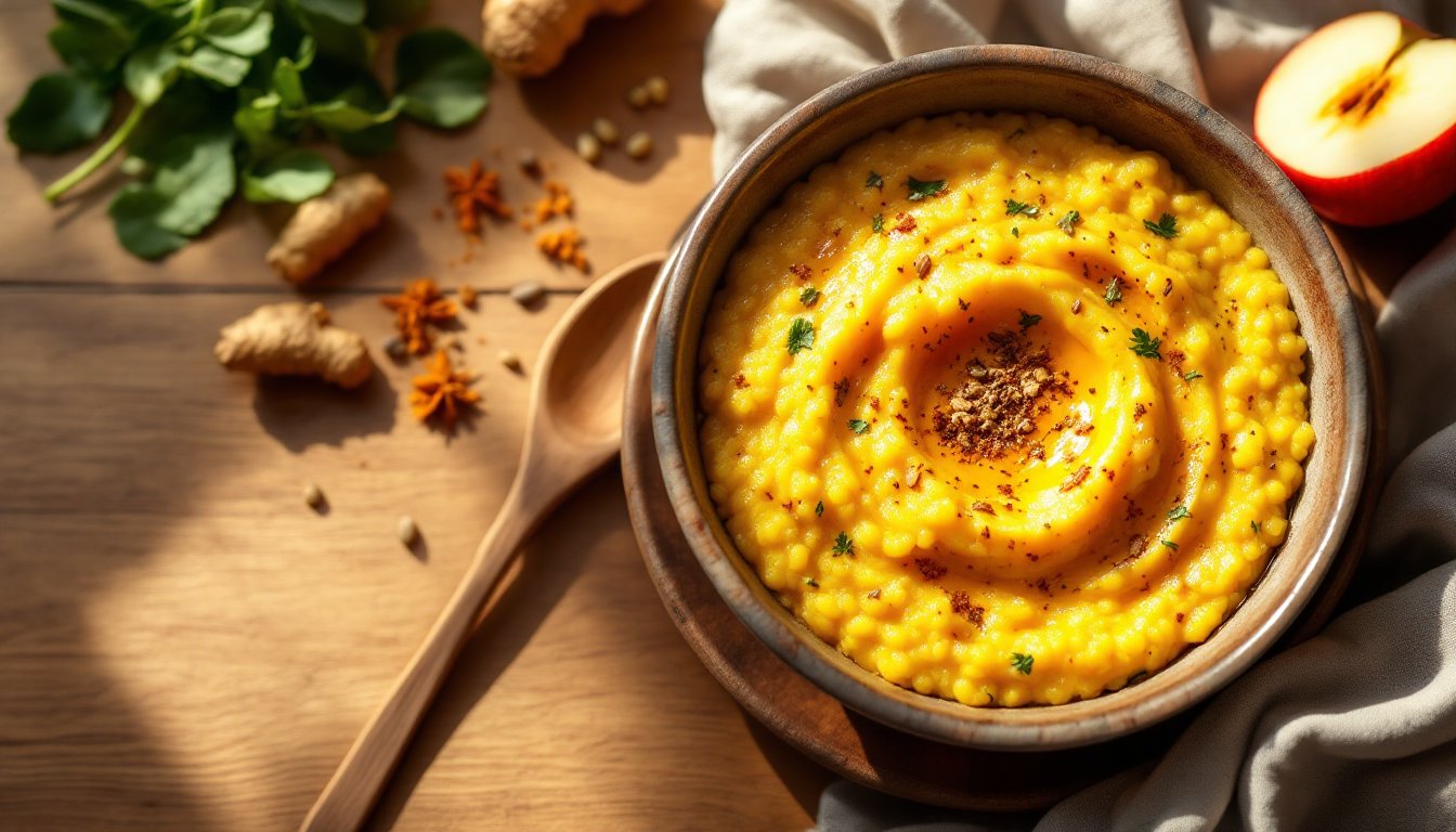 A warm bowl of kitchari with ghee, spices, greens, and stewed apple on a wooden table.