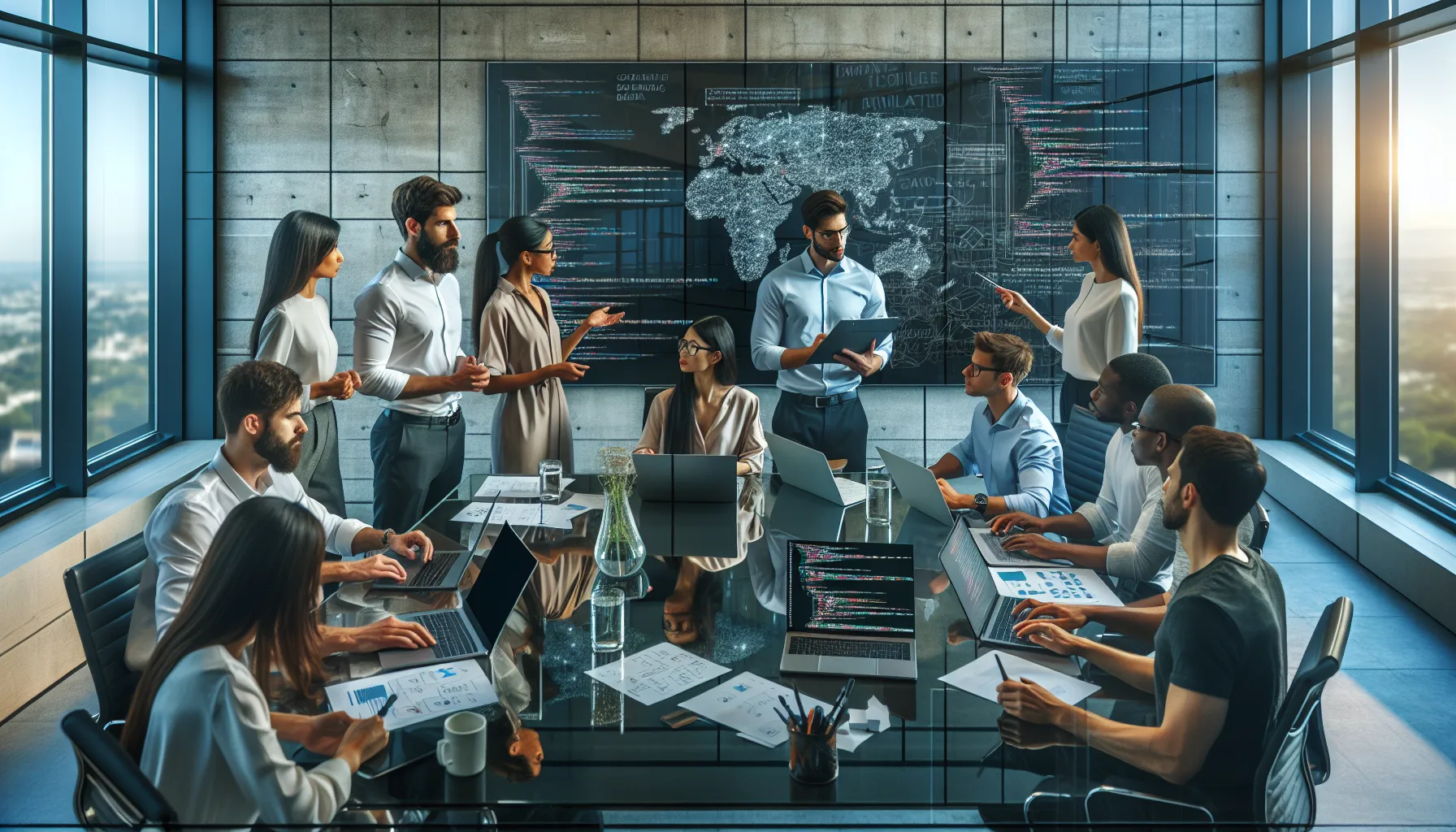 diverse team collaborating on GDTJ45 software development in a modern office.