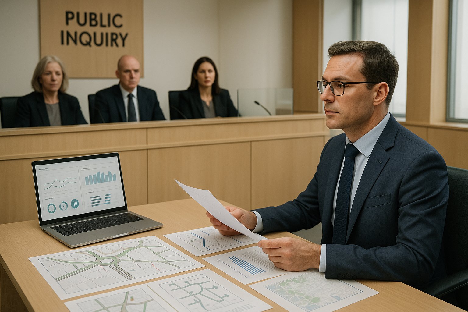 Transport expert presenting evidence at a UK public inquiry hearing.