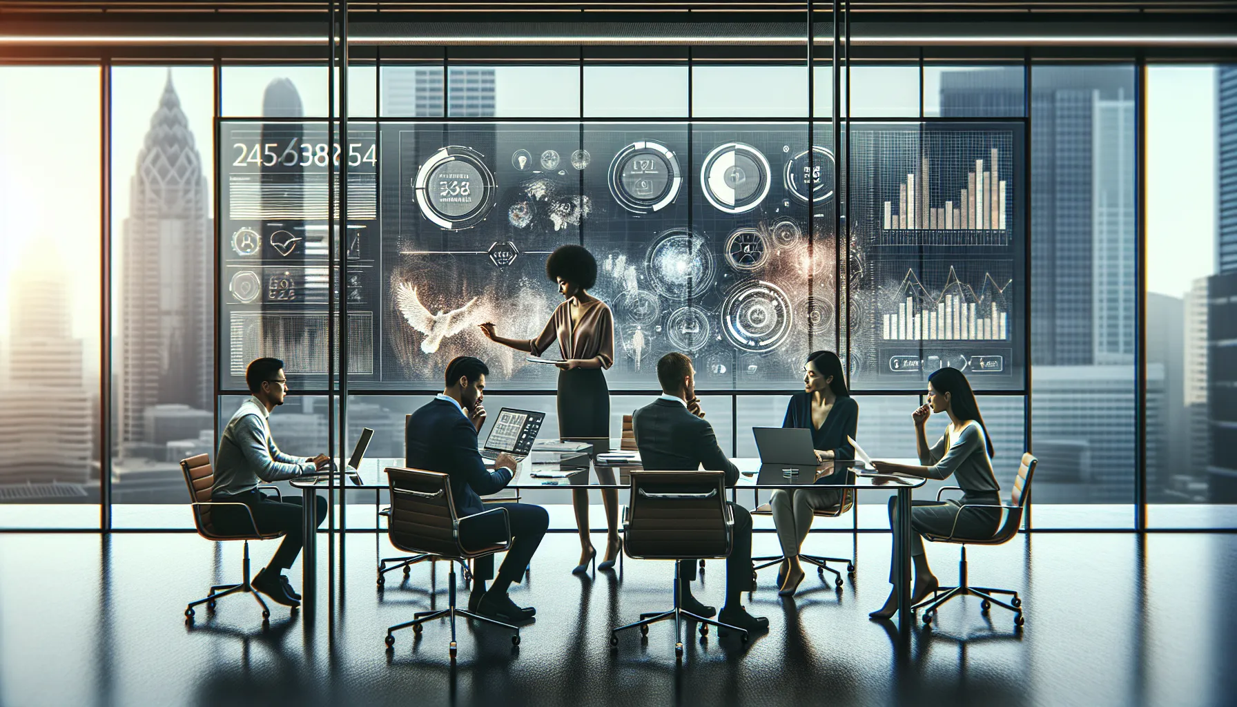 diverse professionals discussing technology applications in a modern office.